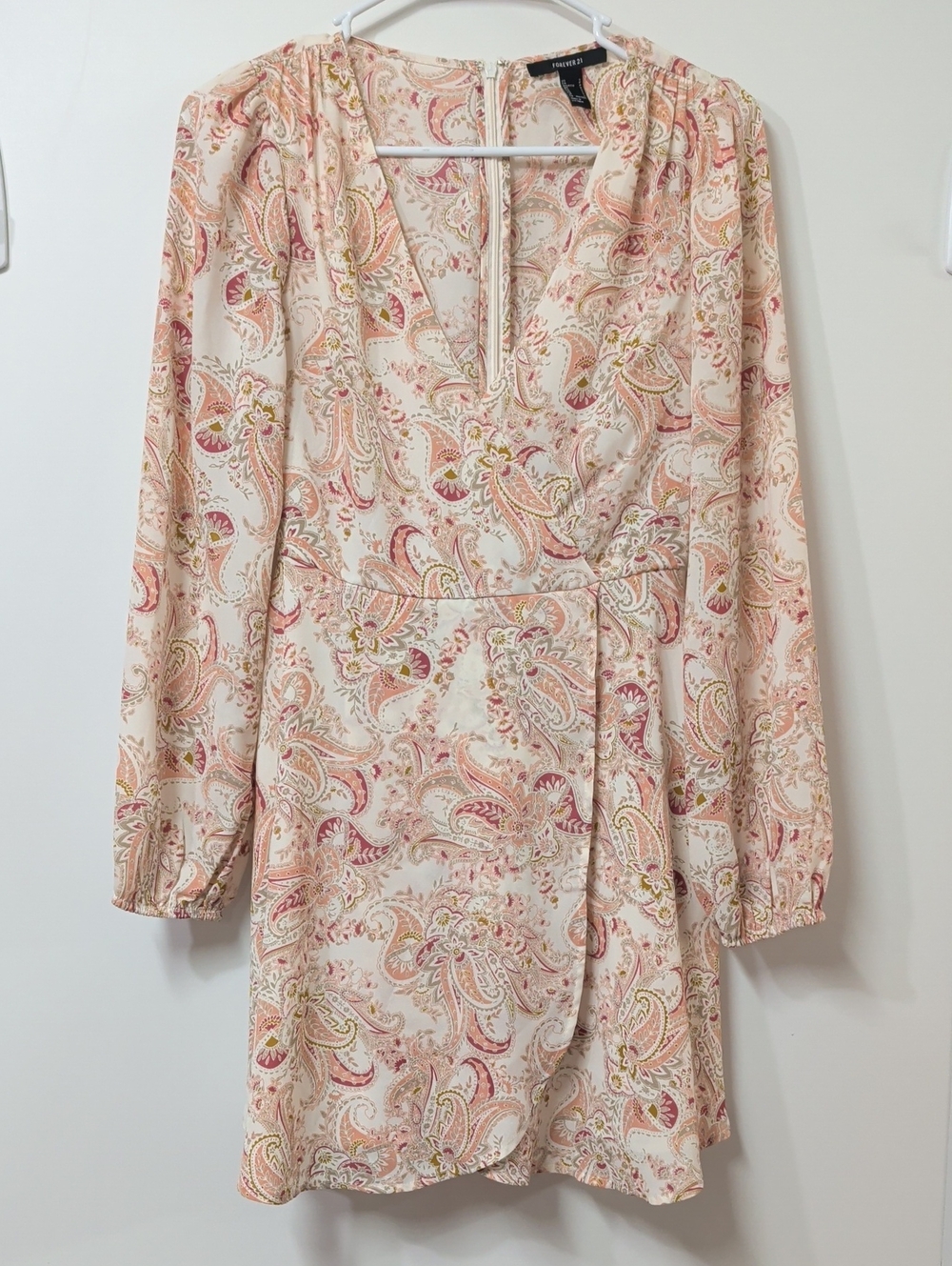 Forever 21 Pink Paisley Long Sleeve Faux Wrap Mini Dress